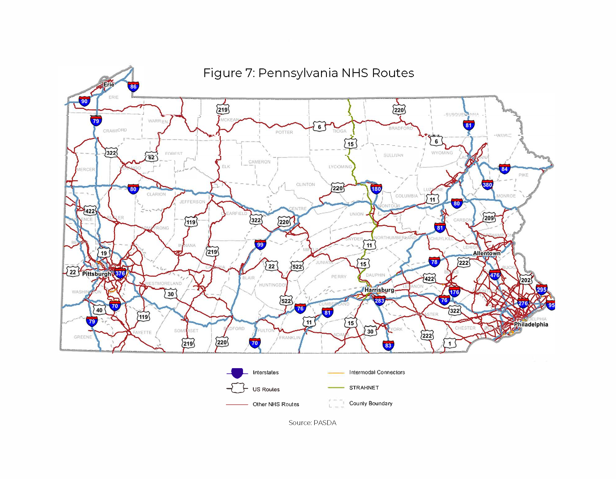 Figure 7 is a PASDA state map of Pennsylvania illustrating the National Highway System Routes, Interstates, US Routes, and county boundaries.